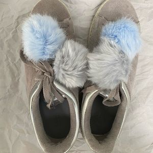 Zara grey suede leather pompom sneakers